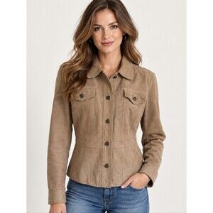 EUC Vintage leather Madison & Max women's button down jacket coat top, S, tan